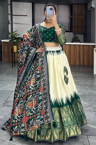 Off-White & Green Patola Printed Silk Traditional Lehenga Choli