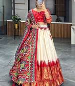 Off-White & Red Patola Printed Silk Festival Wear Lehenga Choli