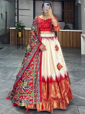 Off-White & Red Patola Printed Silk Festival Wear Lehenga Choli 4