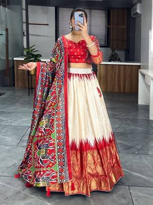 Off-White & Red Patola Printed Silk Festival Wear Lehenga Choli 5