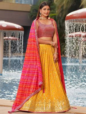 yellow sequins georgette haldi lehenga set choli with dupatta 3