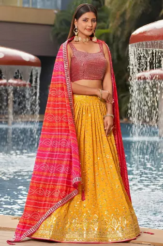 yellow sequins georgette haldi lehenga set choli with dupatta