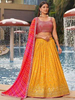 yellow sequins georgette haldi lehenga set choli with dupatta 4