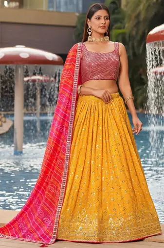 yellow sequins georgette haldi lehenga set choli with dupatta