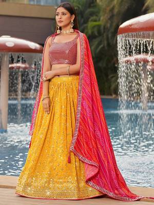yellow sequins georgette haldi lehenga set choli with dupatta 5