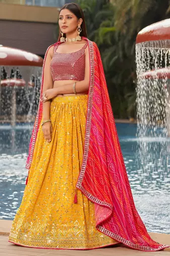 yellow sequins georgette haldi lehenga set choli with dupatta