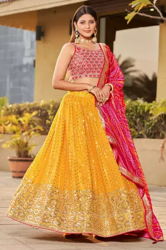 yellow sequins georgette lehenga set choli with dupatta