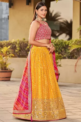 yellow sequins georgette lehenga set choli with dupatta