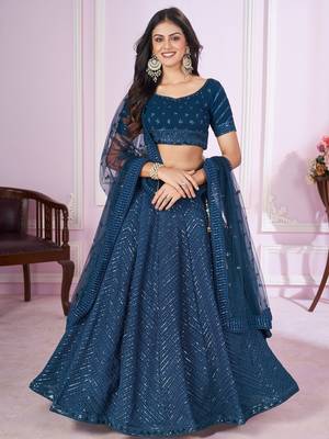 teal blue sequins georgette lehenga set choli with dupatta 3