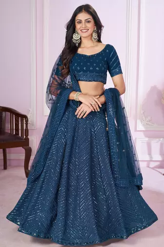 teal blue sequins georgette lehenga set choli with dupatta