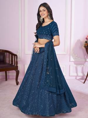teal blue sequins georgette lehenga set choli with dupatta 4