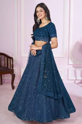 teal blue sequins georgette lehenga set choli with dupatta