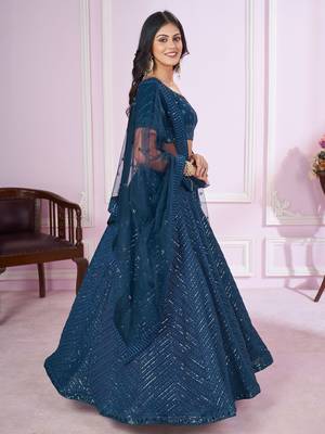 teal blue sequins georgette lehenga set choli with dupatta 5