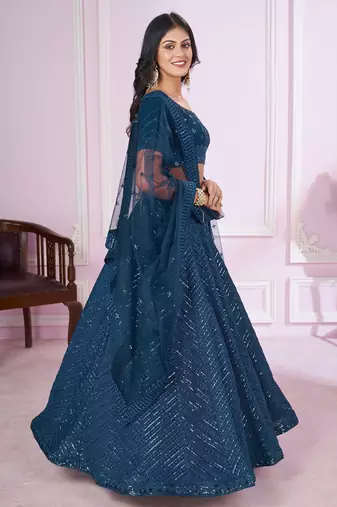 teal blue sequins georgette lehenga set choli with dupatta