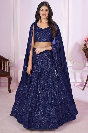 Navy Blue Sequins Georgette Wedding Wear Lehenga Choli