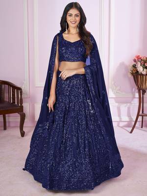 navy blue sequins georgette lehenga set choli with dupatta 3
