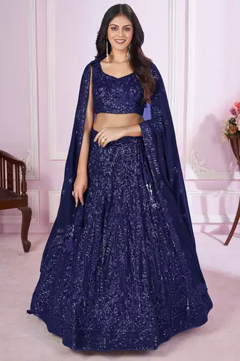 navy blue sequins georgette lehenga set choli with dupatta
