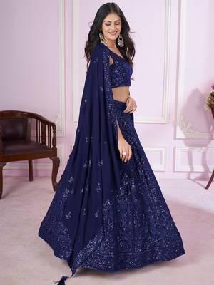 navy blue sequins georgette lehenga set choli with dupatta 4