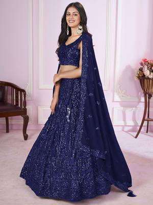 navy blue sequins georgette lehenga set choli with dupatta 5