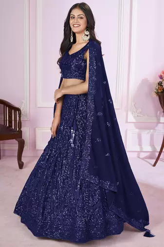 navy blue sequins georgette lehenga set choli with dupatta
