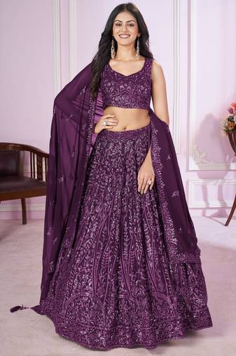 Purple Sequins Georgette Wedding Wear Lehenga Choli