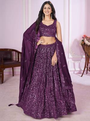 purple sequins georgette lehenga set choli with dupatta 3