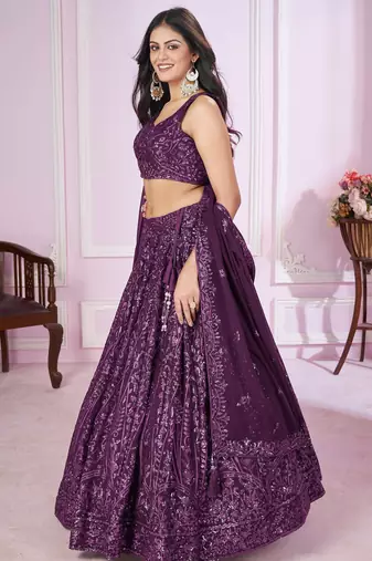 purple sequins georgette lehenga set choli with dupatta