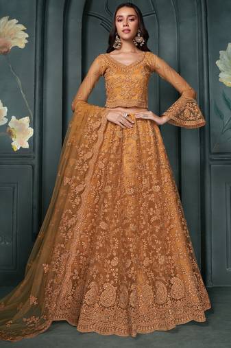 Orange Embroidered Net Bridesmaid  Lehenga Choli With Dupatta