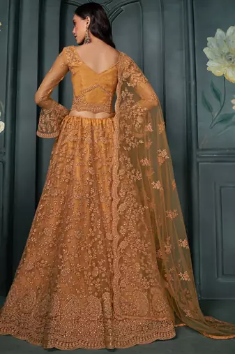 orange embroidered net lehenga set choli with dupatta with dupatta