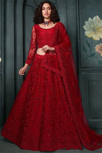 Red Embroidered Net Bridesmaid  Lehenga Choli With Dupatta