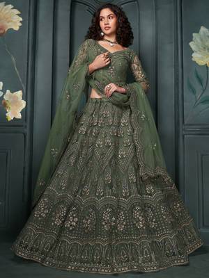 green embroidered net lehenga set choli with dupatta with dupatta 1