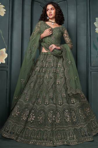 Green Embroidered Net Bridesmaid  Lehenga Choli With Dupatta