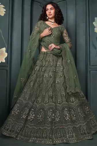 green embroidered net lehenga set choli with dupatta with dupatta