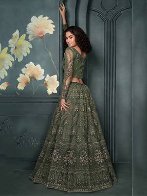 green embroidered net lehenga set choli with dupatta with dupatta 4