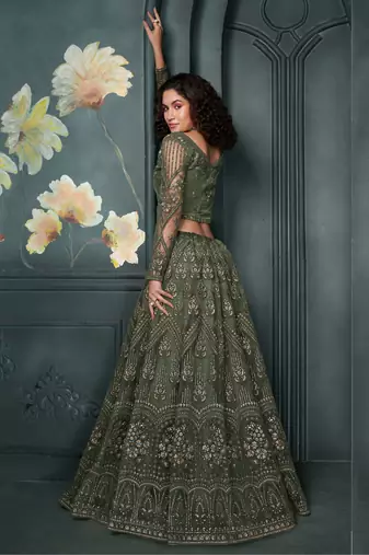 green embroidered net lehenga set choli with dupatta with dupatta