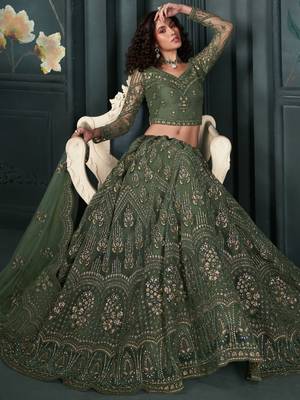 green embroidered net lehenga set choli with dupatta with dupatta 5