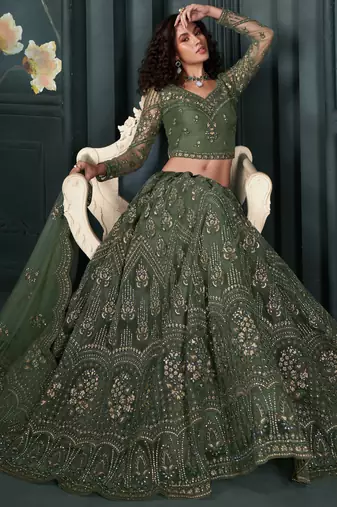 green embroidered net lehenga set choli with dupatta with dupatta