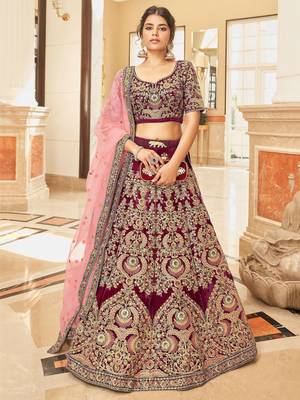 maroon embroidered velvet bridal lehenga set choli with dupatta 1