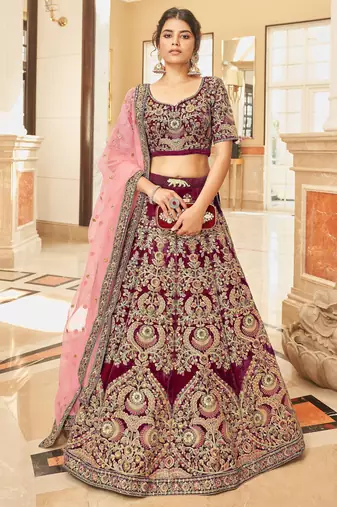 maroon embroidered velvet bridal lehenga set choli with dupatta