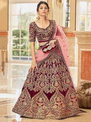 maroon embroidered velvet bridal lehenga set choli with dupatta 3
