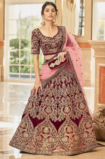 maroon embroidered velvet bridal lehenga set choli with dupatta