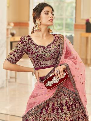 maroon embroidered velvet bridal lehenga set choli with dupatta 4