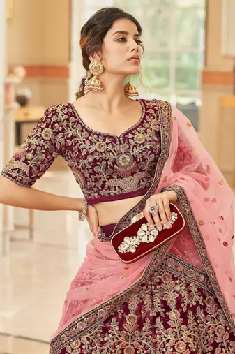 maroon embroidered velvet bridal lehenga set choli with dupatta