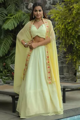 yellow sequins georgette event lehenga set choli with dupatta with koti