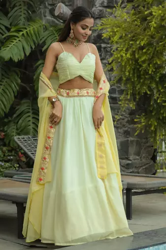 yellow sequins georgette event lehenga set choli with dupatta with koti
