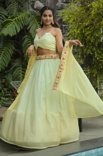 yellow sequins georgette event lehenga set choli with dupatta with koti