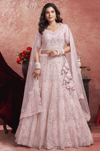 Baby Pink Mirror Work Net Bridal Wear Lehenga Choli