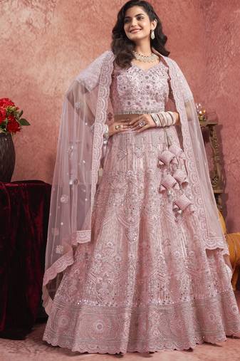 Dusty Pink Mirror Work Net Bridal Wear Lehenga Choli