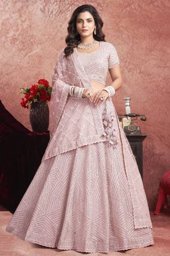 Baby Pink Sequins Work Net Bridal Wear Lehenga Choli