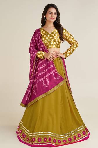 Mustard Thread Work Silk Navratri Wear Lehenga Choli With Dupatta